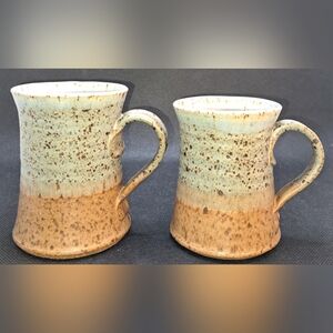 Vintage Art Studio Pottery Pair Of 2 Coffee Mug Signed Speckled Brown Tan Blue